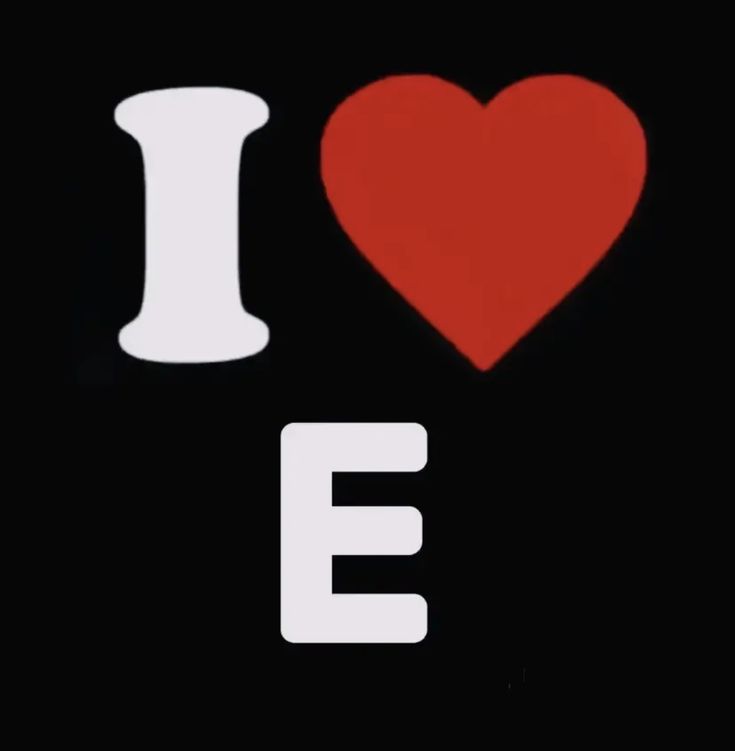 i love e with a red heart in the center and white letters on black background