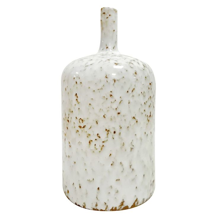 a white vase with brown speckles on the top and bottom, sitting in front of a white background