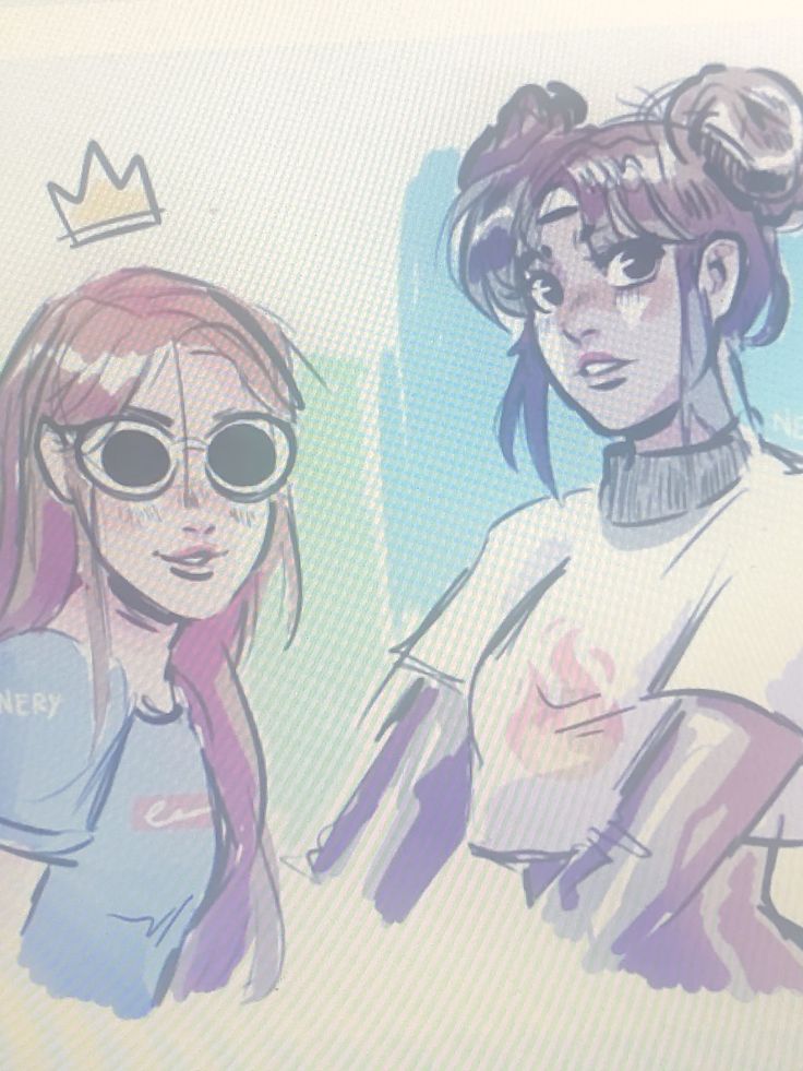 two anime characters are wearing sunglasses and one has a crown on her head, while the other wears glasses