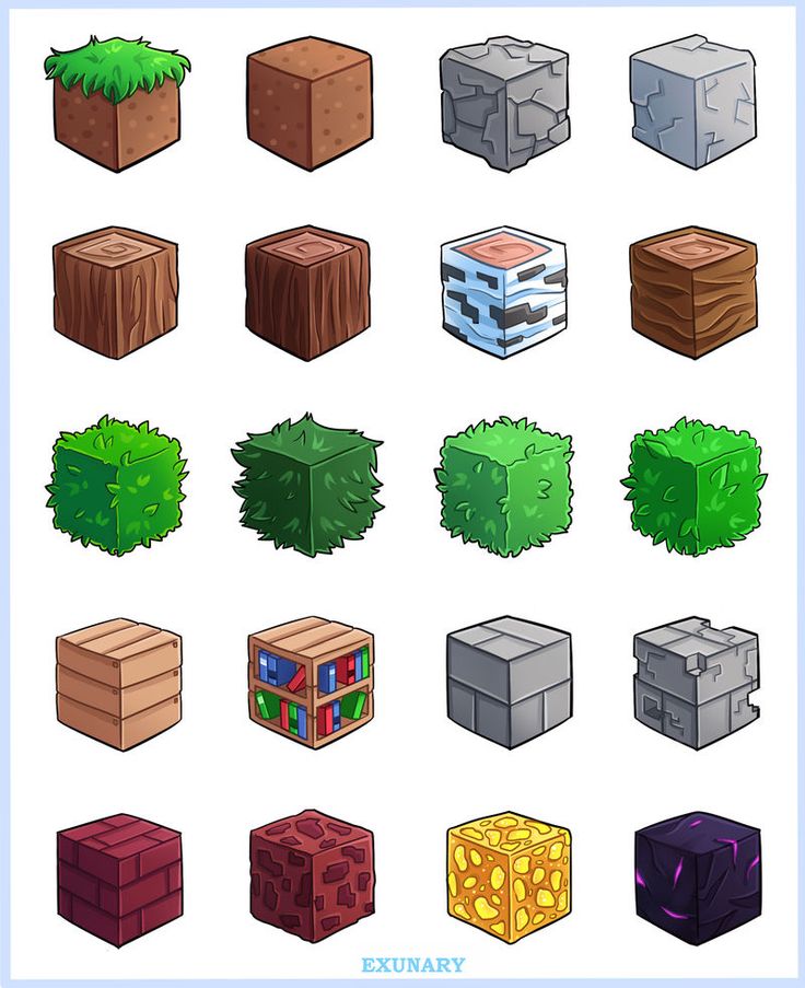 an image of different types of cubes in pixel art style with grass and rocks