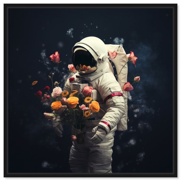 an astronaut with flowers in his hands