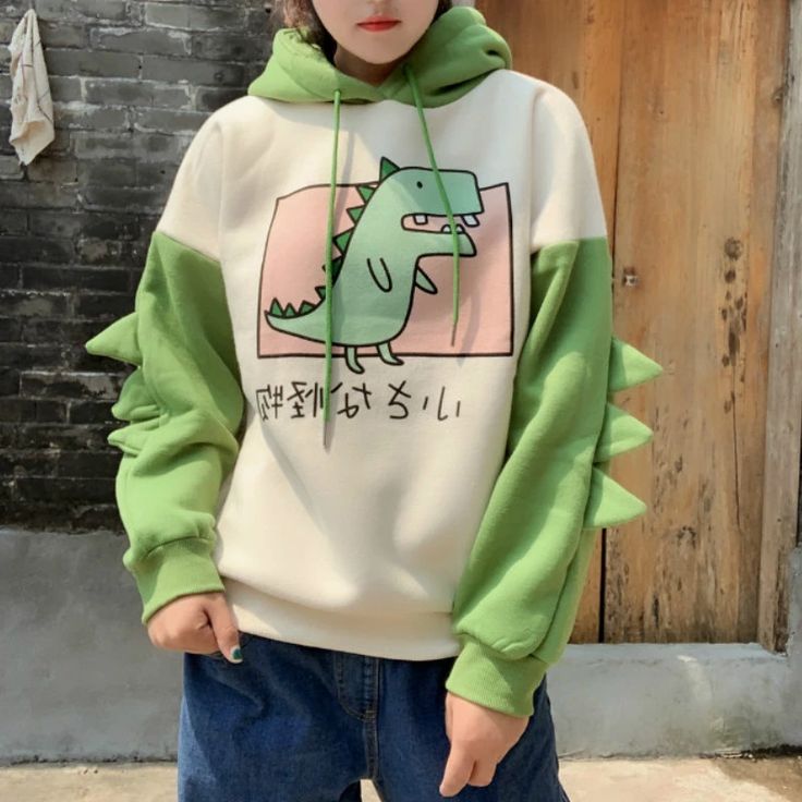 Green Dinosaur With Horns Hoodie Pullover SP14702 – SpreePicky Kawaii Green, Dinosaur Hoodie, Monster Hoodie, Japanese Writing, Kawaii Dinosaur, Green Dinosaur, T Rex Dinosaur, Super Kawaii, Green Hoodie