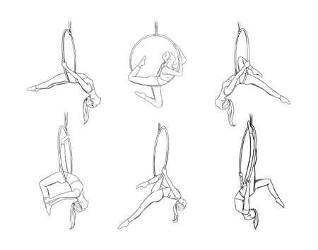 six different poses of the same person hanging upside down in various positions, each with their legs