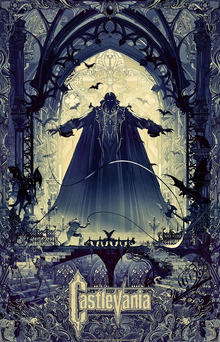 the poster for castlevania is shown in front of an arch with bats on it