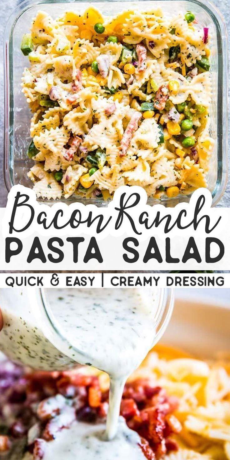 bacon ranch pasta is being poured into a casserole dish and then topped with dressing