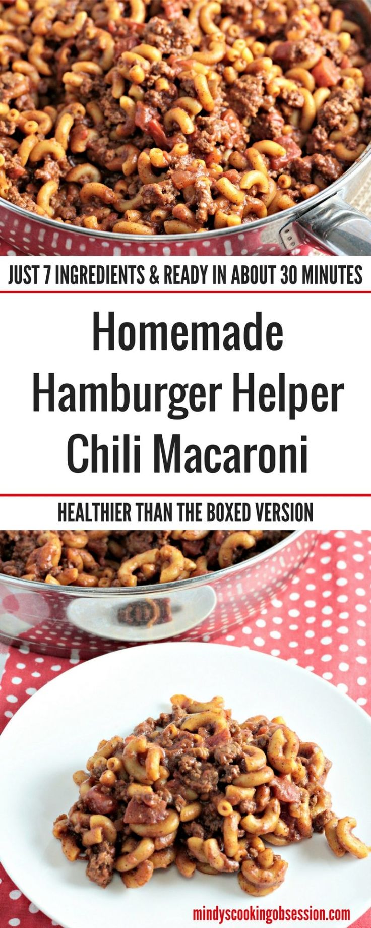 homemade hamburger helper chili macaroni is on a white plate with a red checkered tablecloth