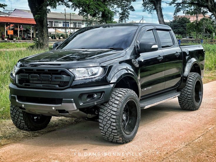 a black truck is parked on a dirt road