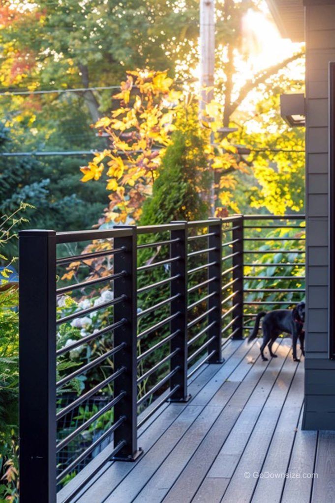 a dog walking on a wooden deck in front of a house with metal railings