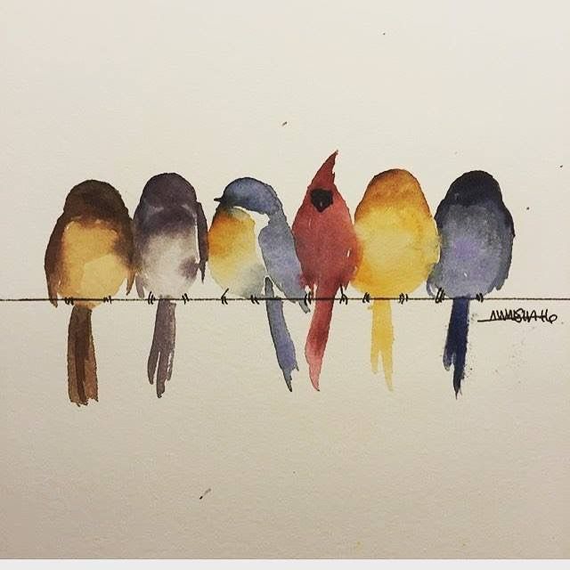 five birds are sitting on a wire and one is painted yellow, red, blue