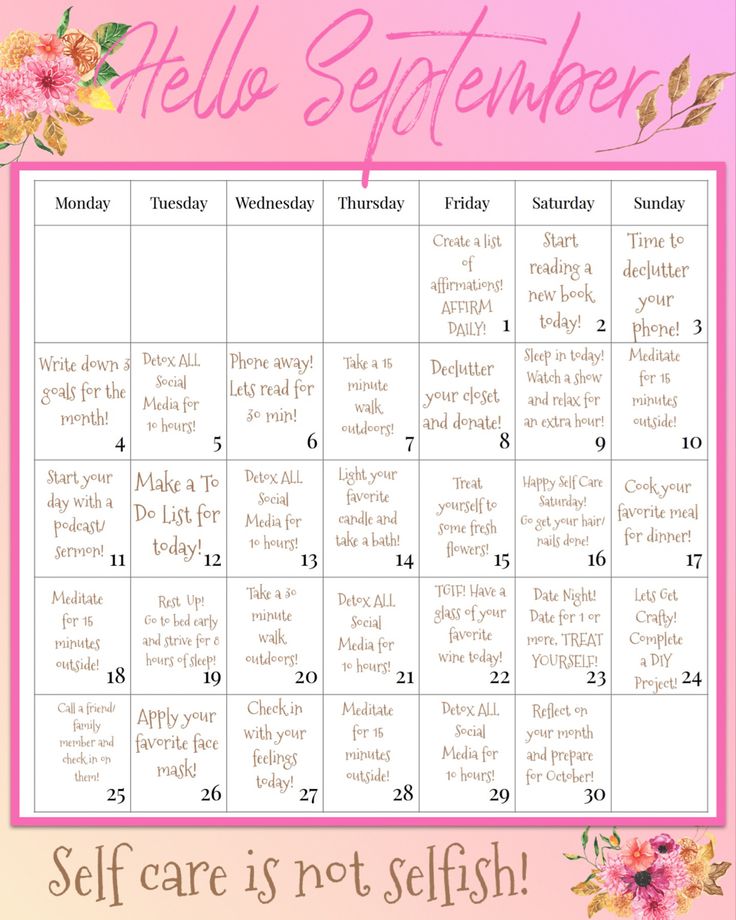 a pink calendar with flowers on it and the words hello selfie written in english