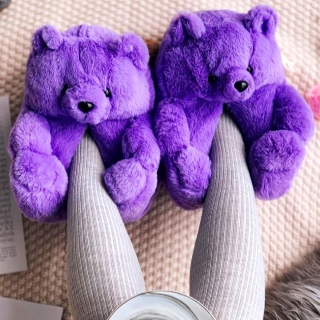 Comfy Cozy Soft Teddy Bear House Slippers Purple Teddy Bear Shoes, Teady Bear Slippers, Teddy Bear Slippers, Purple Teddy Bear, Fluffy Shoes, Purple Room, Bear Slippers, Animal Slippers, Purple Rooms