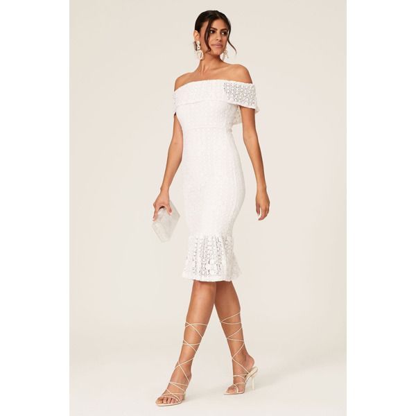 White lace (100% French Lace). Sheath. Short sleeves. Off-the-shoulder neckline. Fully lined. 49" from shoulder to hemline. Imported. Off-shoulder Lace Dress For Formal Occasions, Elegant Fitted Off-shoulder Lace Dress, Off-shoulder Lace Dress With Lace Trim, Fitted Off-shoulder Lace Dress For Formal Occasions, Off-shoulder Lace Dress For Summer Evening, Elegant Off-shoulder Dress With Lace Sleeves, Formal Fitted Off-shoulder Lace Dress, Elegant Off-shoulder Lace Dress, Chic Off-shoulder Lace Dress With Lace Trim