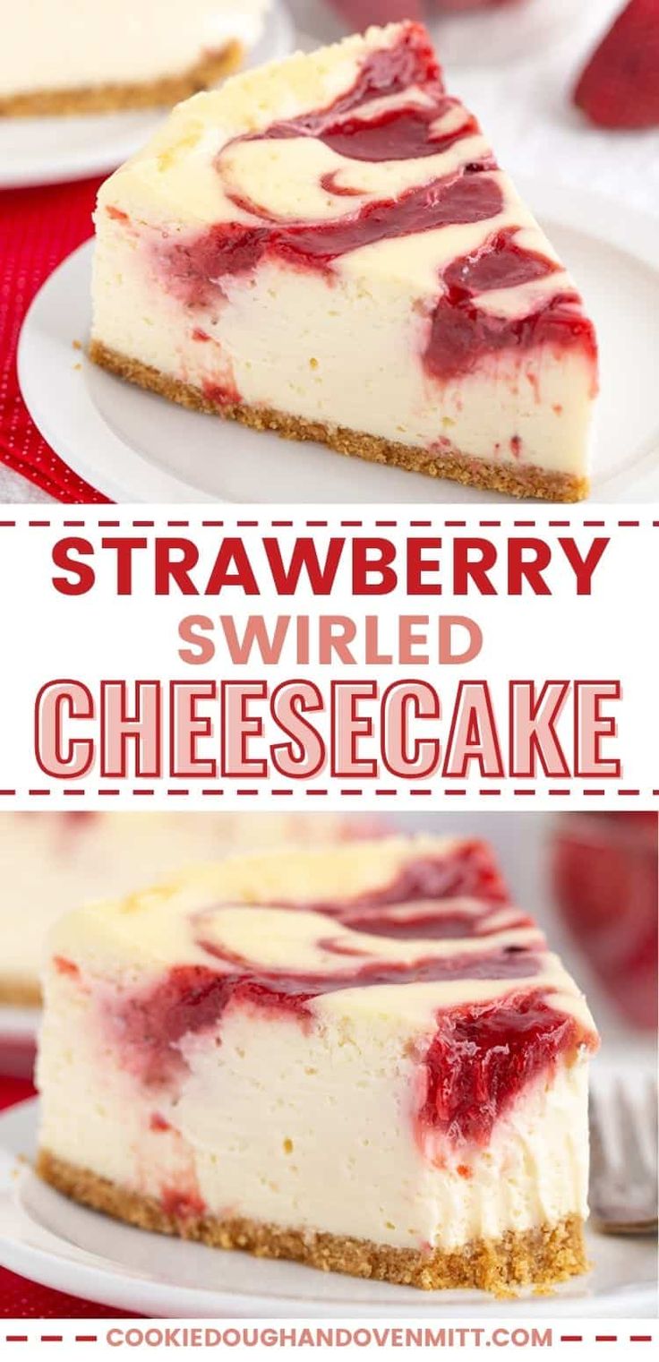 strawberry swirl cheesecake on a white plate