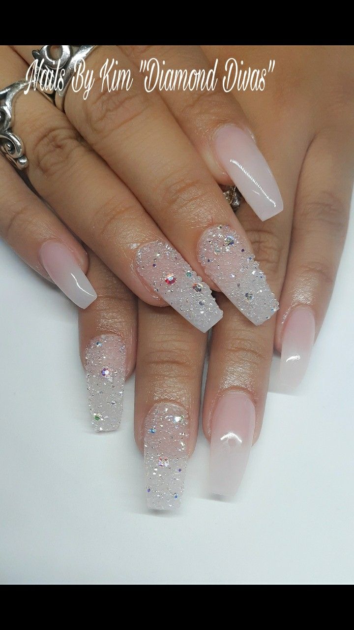 Natural color crystal pixie nails Pixie Glitter Acrylic Nails, White Nails With Pixie Crystals, Pixie Crystals Nails, Pixie Nails Crystal, Pixie Glitter Nails, Natural Bling Nails, Pixie Diamond Nails, Pixie Beads Nails, Pixie Dust Nails Acrylic