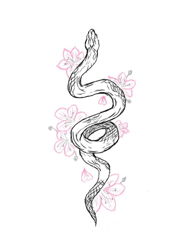 a drawing of a snake with flowers on the side and pink petals around it's neck