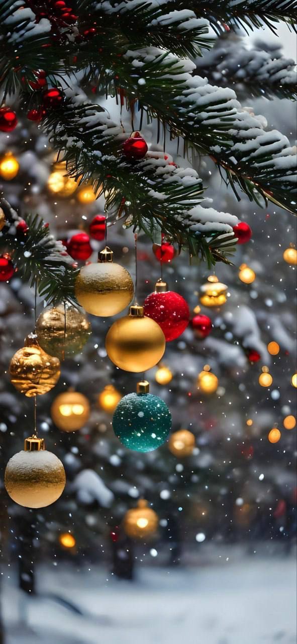 christmas ornaments hanging from a tree in the snow