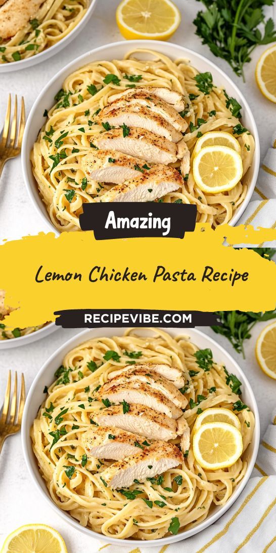 two plates with chicken pasta and lemon slices