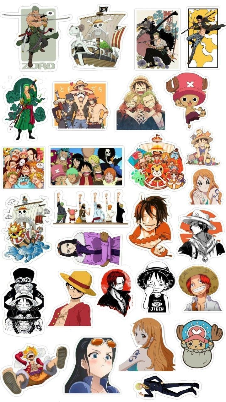 many different stickers that are on the back of a laptop computer and in front of an image of anime characters