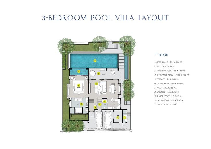 the three bedroom pool villa layout is shown in this floor plan, which includes an outdoor swimming