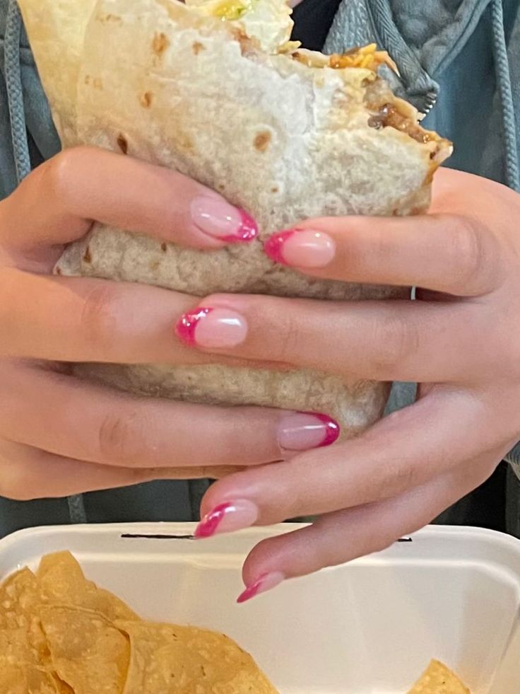 Almond Short Summer Nails, Dips With Tips Nails, French Tips Nails Natural, Hot Pink Sparkle French Tip, Magenta Tips Nails, Pink Sparkle Outfit Aesthetic, Pink Chrome French Tip Nails Short, Sparkly Pink French Tip Acrylic Nails, Pink Sparkle French Tip Nails Almond