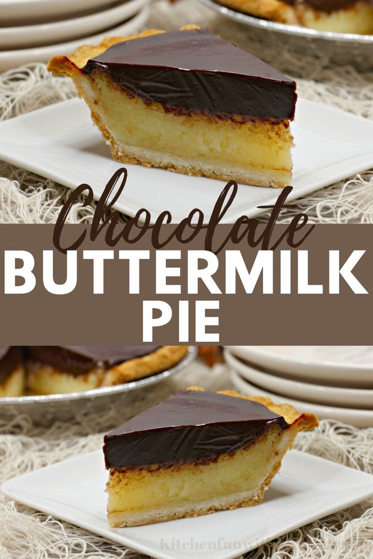 chocolate buttermilk pie on a white plate with text overlay that reads, chocolate buttermilk pie