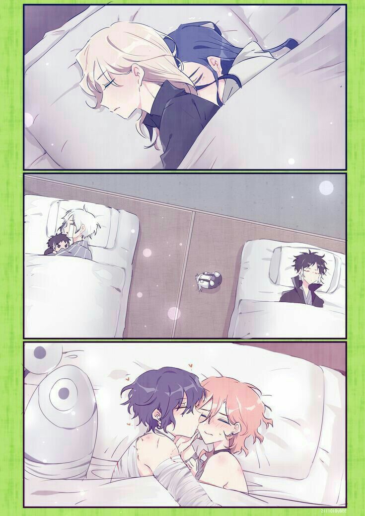 an anime scene with two people laying in bed and one is kissing the other's head