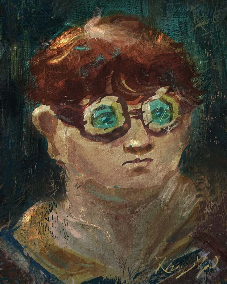 a painting of a boy with glasses on his face and red hair, looking at the camera