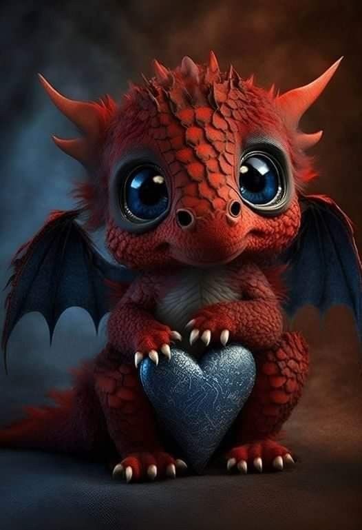 a little red dragon with big blue eyes holding a heart shaped object in its paws