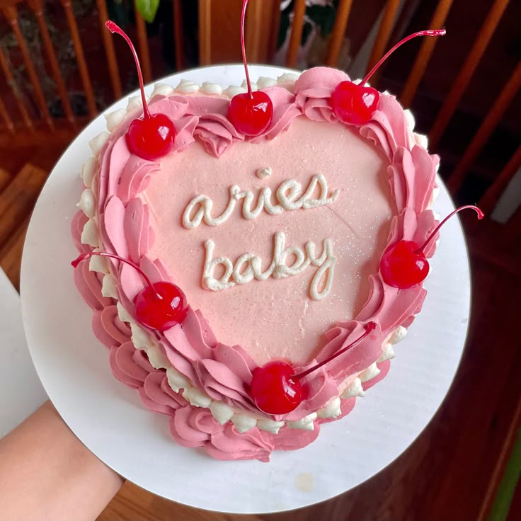 pink Aries heart cake with cherries Heart Shaped Aries Cake, Aries Cake Aesthetic, Aries Season Cake, Pink And White Heart Cake, Aries Szn Cake, Aries Baby Cake, Aries Birthday Cake, Aries Party, Aries Angel