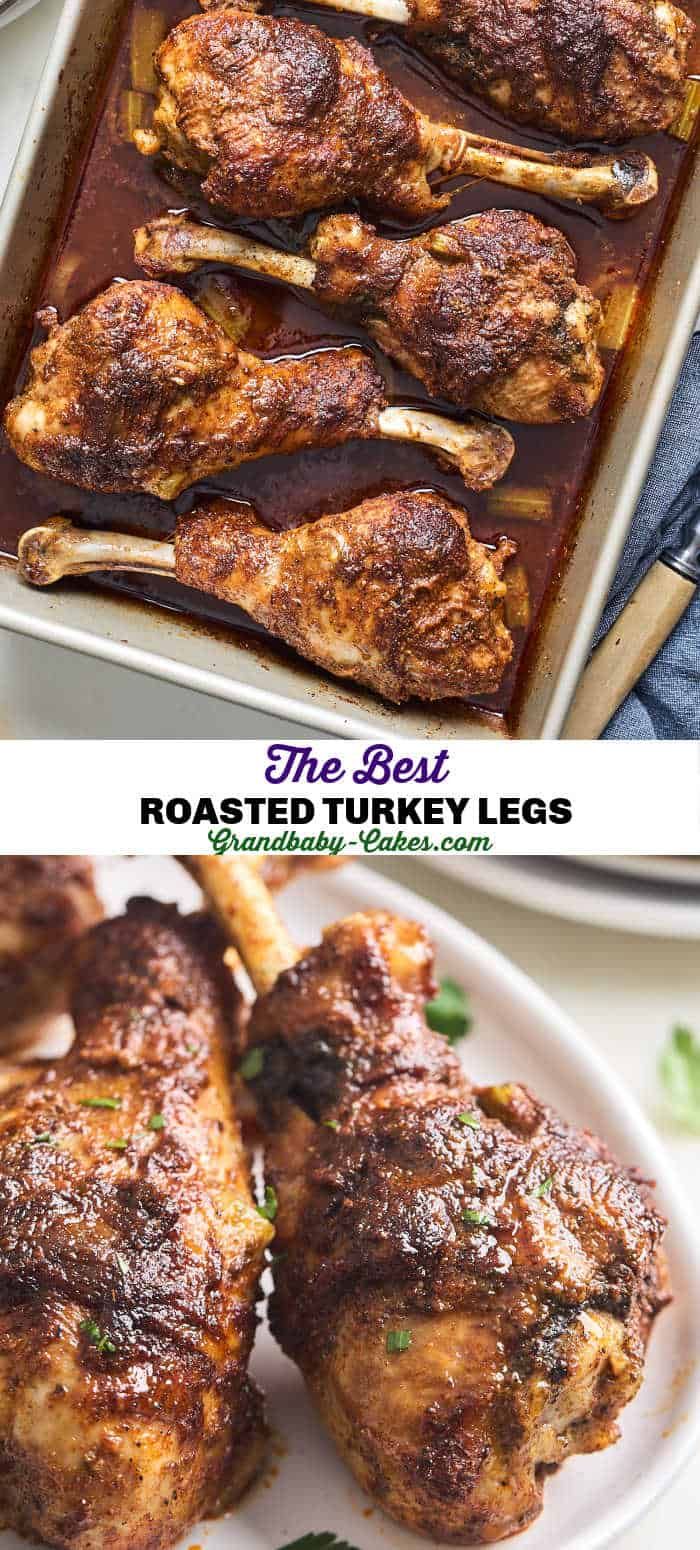 the best roasted turkey legs recipe is shown on a white plate and in a casserole dish