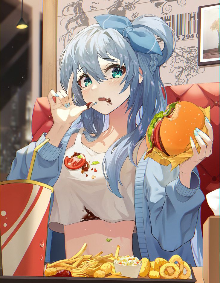 ♡~*ANiME ART*~♡ eating - fast food - cheeseburger - french fries - soft drink - blue hair - ponytail - ribbon - cute - kawaii Anime Ponytail, French Anime, Anime Blue Hair, Virgin Killer Sweater, Fan Anime, Figure Drawing Reference, Logo Food, Food Drawing, Drawing Reference Poses