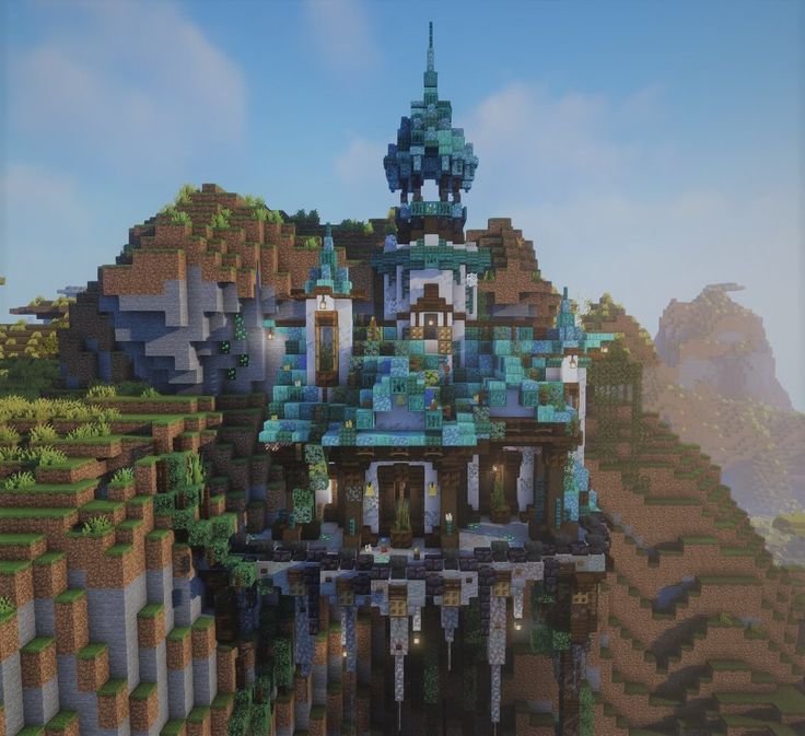 blue and white hilltop temple castle minecrafy build Aesthetic Fantasy Minecraft Houses, Minecraft Building Aesthetic, Minecraft Building Ideas Fantasy House, Minecraft Entrances, Minecraft Mythical Builds, Hanging House Minecraft, Minecraft Mystical Builds, Blue Minecraft House, Castle Cottagecore