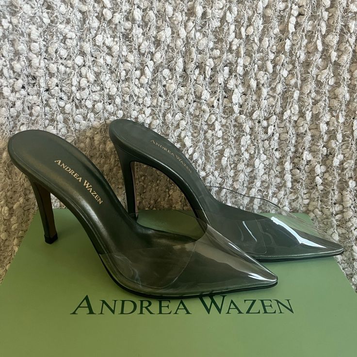 Andrea Wazen Shoes, Olive Green, Andrea Wazen's Mules Are Styled With A Translucent Pvc Vamp With A Pointed Toe. Green Heels With Leather Sole For Party, Green Slip-on Heels For Formal Occasions, Green Mules With Sculpted Heel And Pointed Toe, Elegant Green Mules With Pointed Toe, Andrea Wazen Heels, Elegant Green Slip-on Heels, Green Evening Slip-on Heels, Green Slip-on Sandals With Padded Heel, Green Slip-on Evening Heels