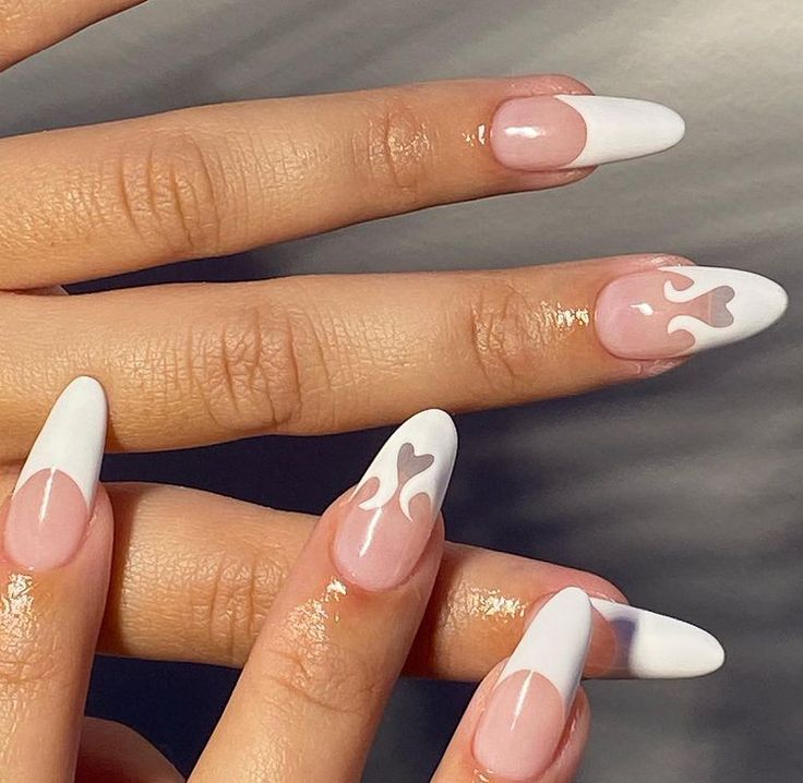 White Oval Nails, Heart Tip Nails, White Tip Acrylic Nails, Flame Nails, Oval Nails Designs, Flame Nail Art, Girls Nail Designs, White Tip Nails, Quick Nail