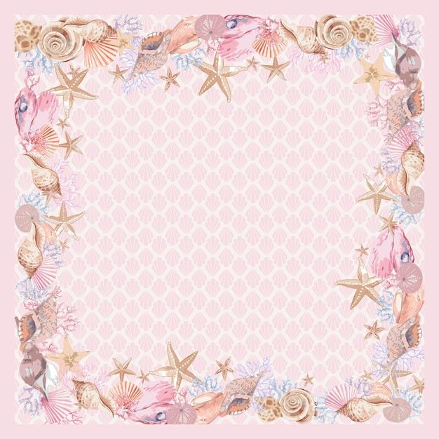 a pink background with seashells and starfish on the edges, along with an ornate border