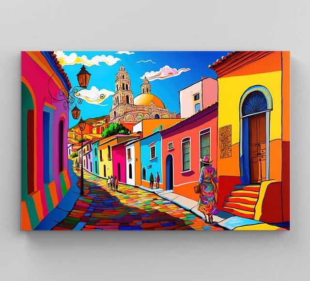 a painting of a woman walking down the street in front of colorful buildings and a church