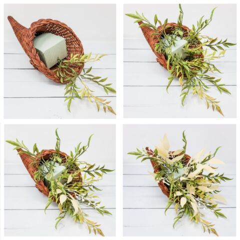 four different pictures of flowers and leaves in a basket on a table with white boards