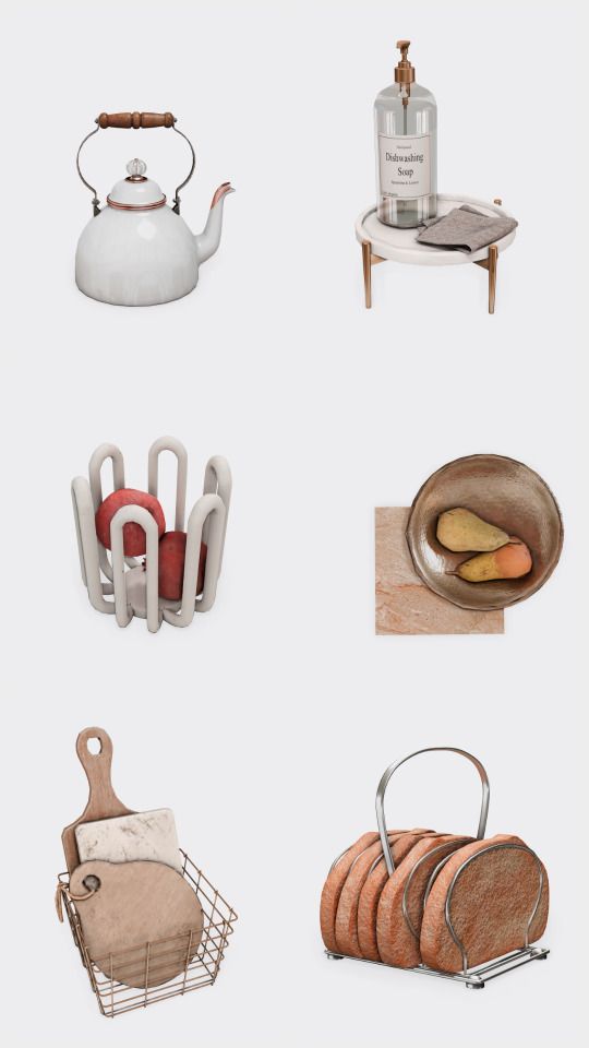 there are many different items on this white background, including tea kettles and bread baskets