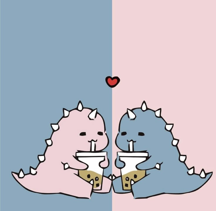 two cute little dinos holding coffee cups in front of each other with hearts above them