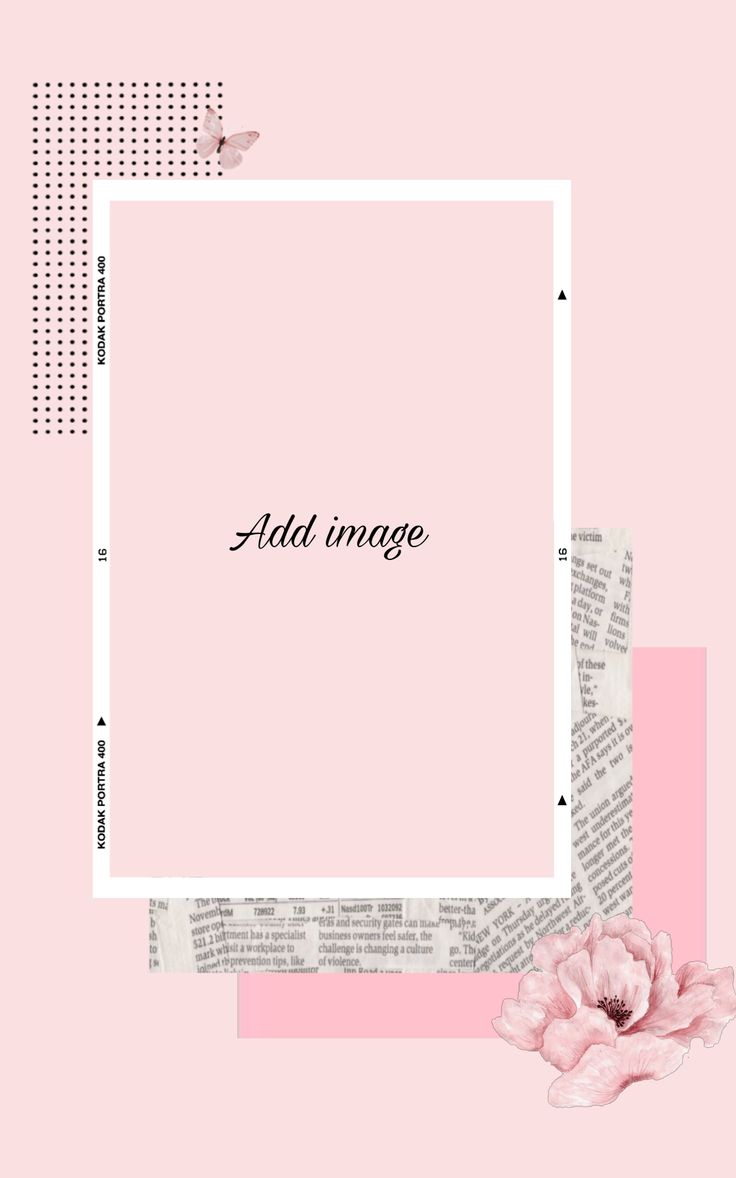 the word add image is surrounded by pink flowers and torn newspaper pieces on a pink background