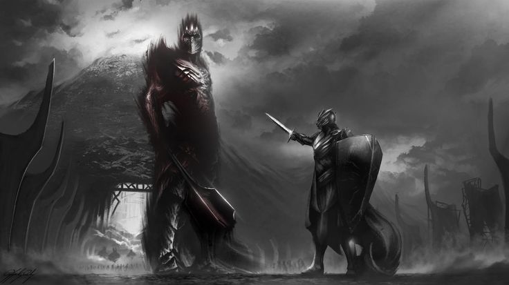 two knights standing next to each other in front of a dark sky with clouds and mountains