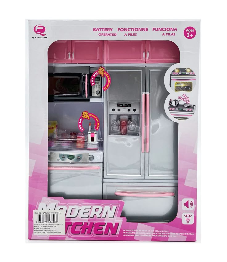 a pink and white toy kitchen set in a box with instructions on how to use it