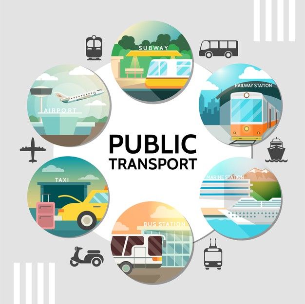 the words public transport are surrounded by different types of vehicles and transportation items in circles