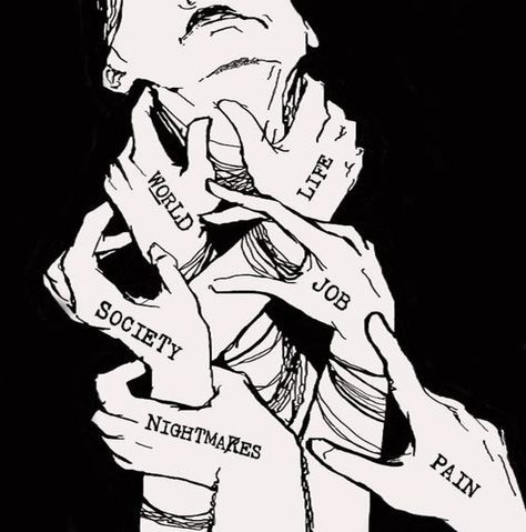 a black and white drawing of a man holding his hands up to his face with words written on it