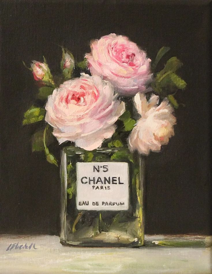 a painting of pink roses in a glass vase on a window sill with the words n's chanel paris