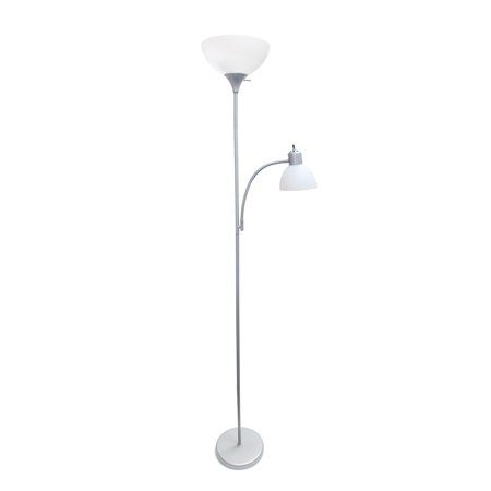 the floor lamp is white and has two lights on each side, with one light turned off