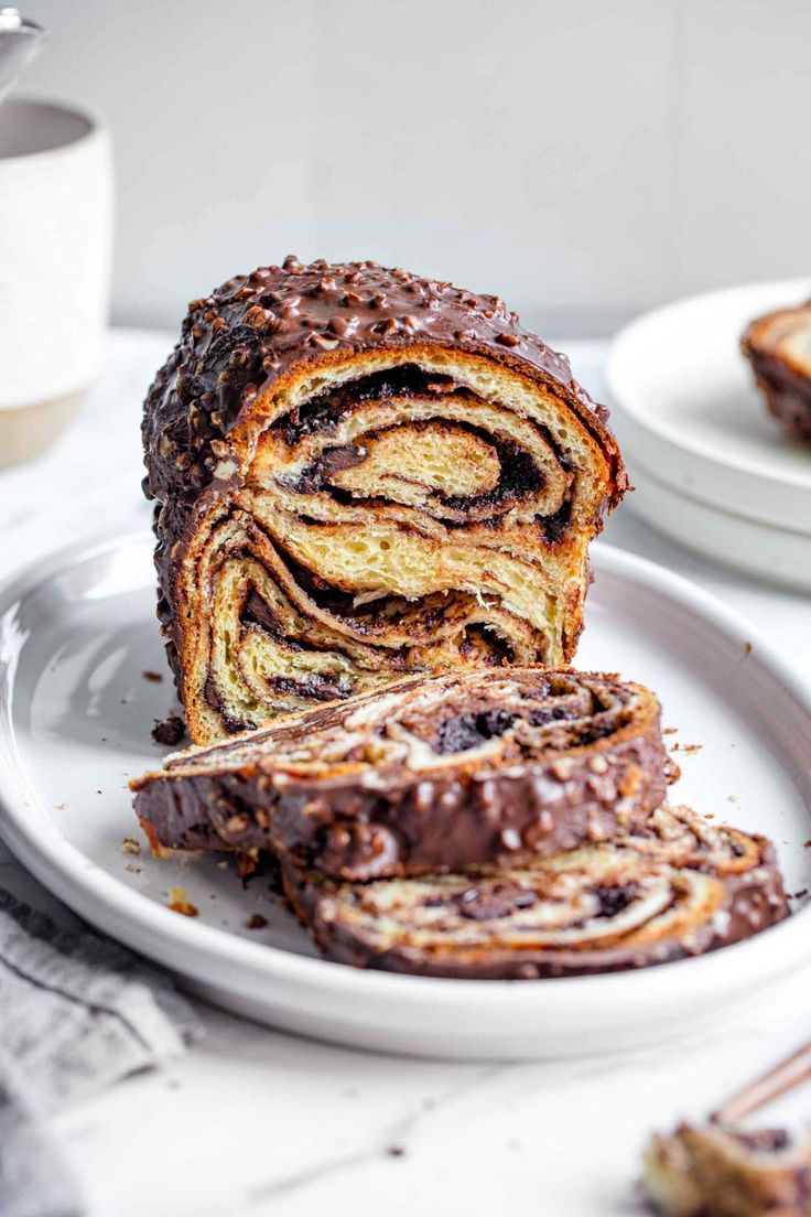 chocolate swirl bread on a white plate