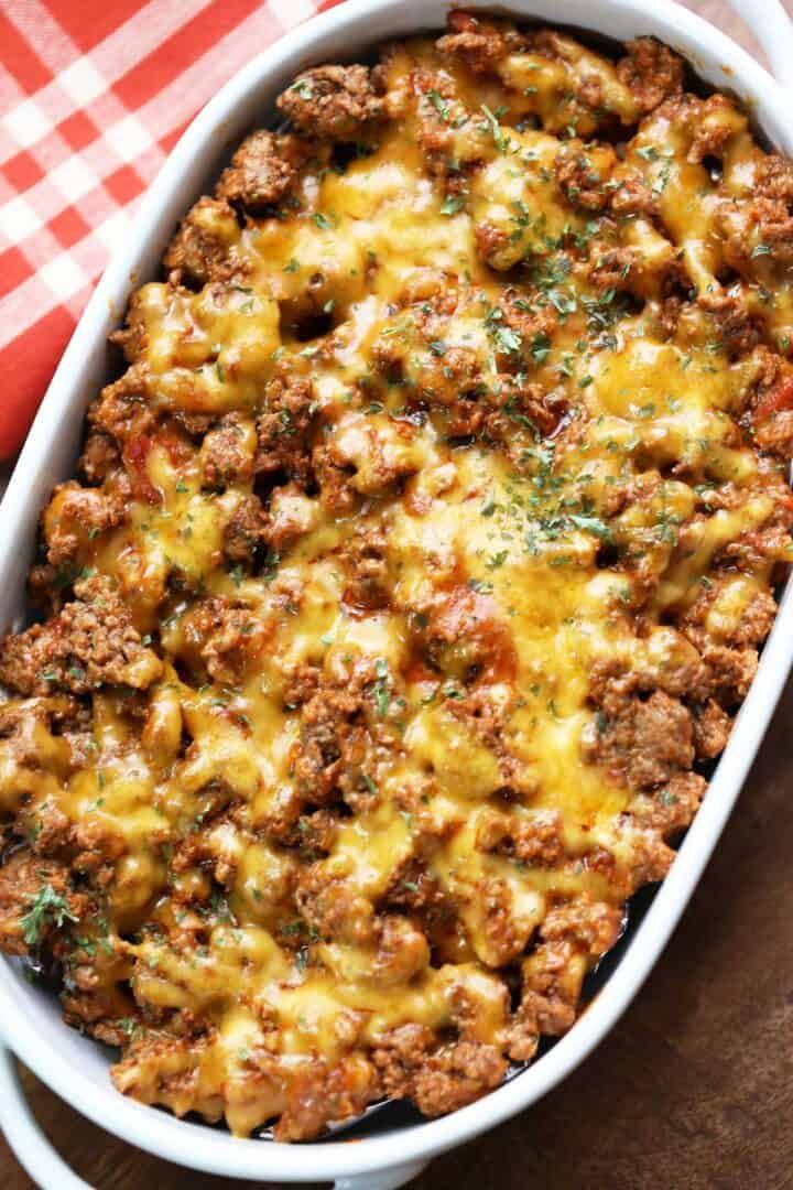 keto cheeseburger casserole in a white baking dish