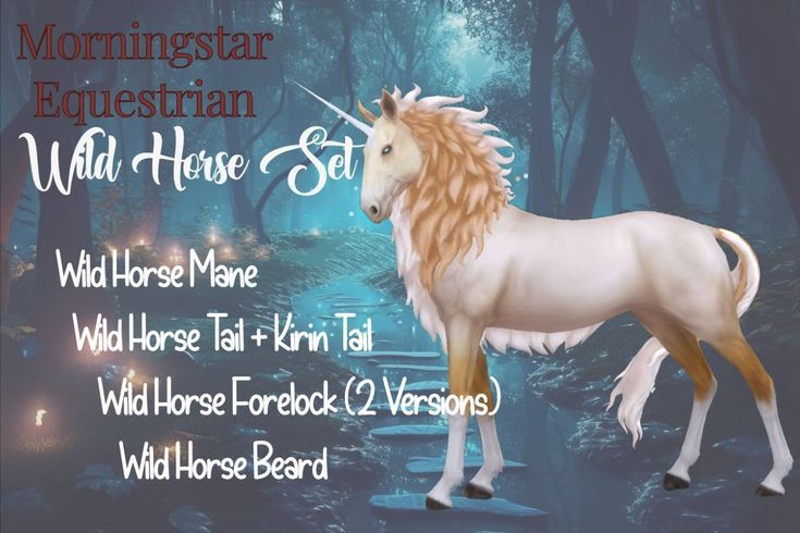 a unicorn standing in the middle of a forest filled with trees and rocks, text reads morningstar equestrian wild horse star