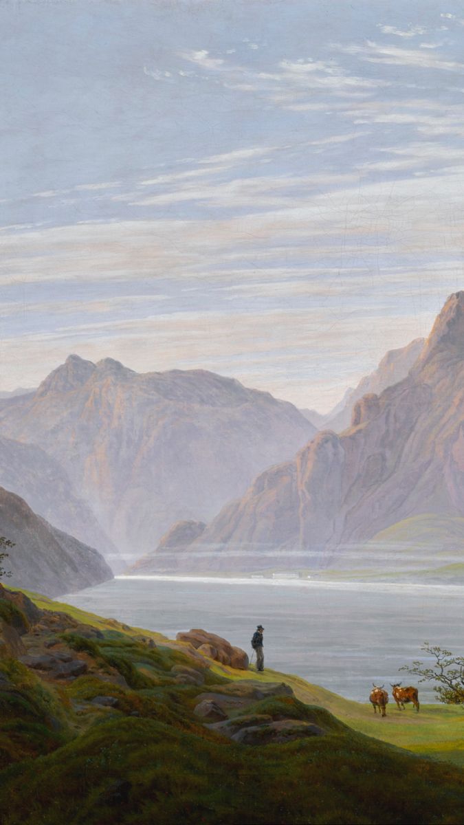 a painting of a man standing on top of a hill next to a body of water